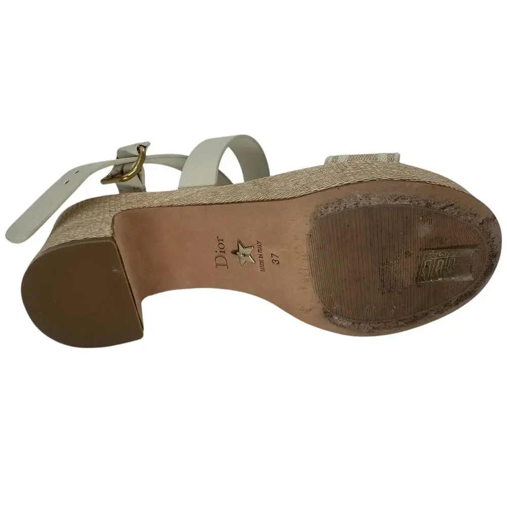 Christian Dior Leather Raffia Dway Embroidered Logo Platfrorm Sandals Beige 37